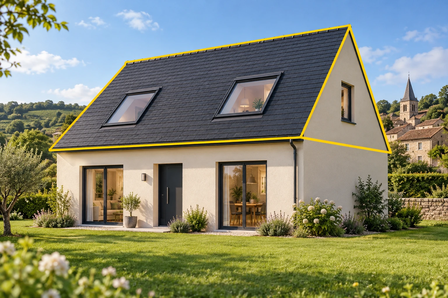 Illustration de combles aménagés avec fenêtres de toit, volume sous toiture délimité en jaune