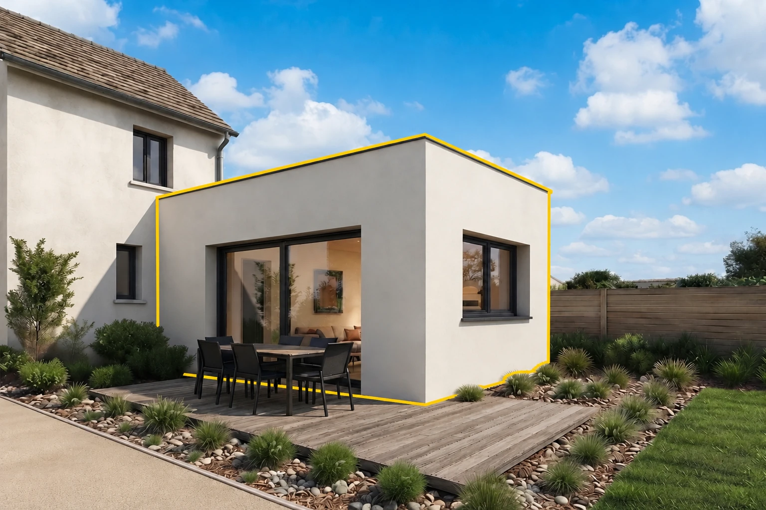 Extension lumineuse de la pièce de vie, délimitée par un contour jaune