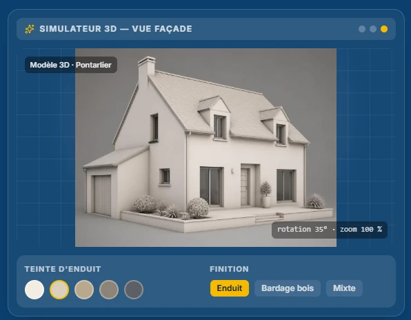 Aperçu du simulateur 3D Moyse : maquette de maison et palette de teintes et de finitions