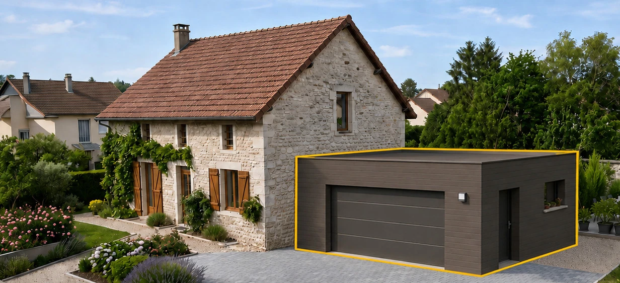 Projection d’un garage contemporain accolé à une maison en pierre
