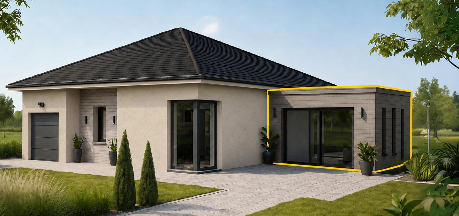 Extension contemporaine à toit plat à droite de la maison, délimitée en jaune
